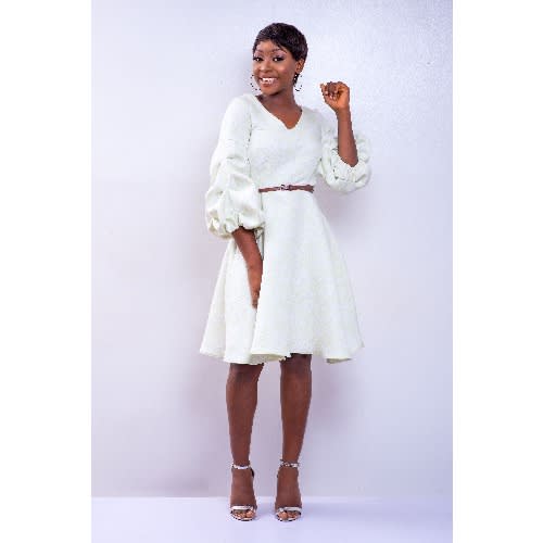 Damask Skater Dress With Ruched Sleeves