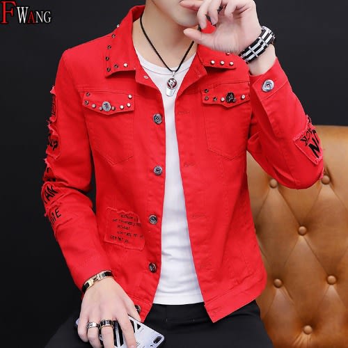 Spring And Autumn Personality Denim Jacket - Red