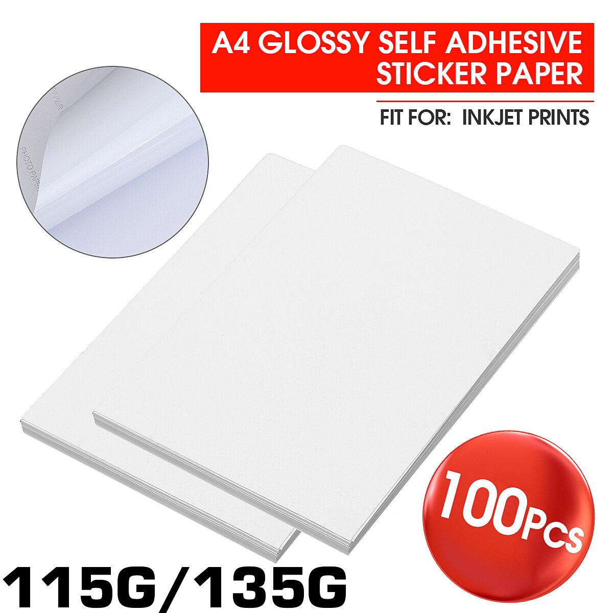 A4 100 Sheets Inkjet Laser Waterproof Sticker Adhesive Glossy Photo Print Paper 135g