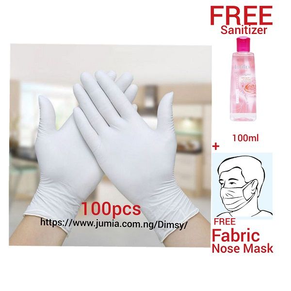 100 Pieces Disposable Latex Examination Hand Glove + Free Alcohol Anti Bacterial Hand Sanitizer + Fabric Nose Face Mask,.