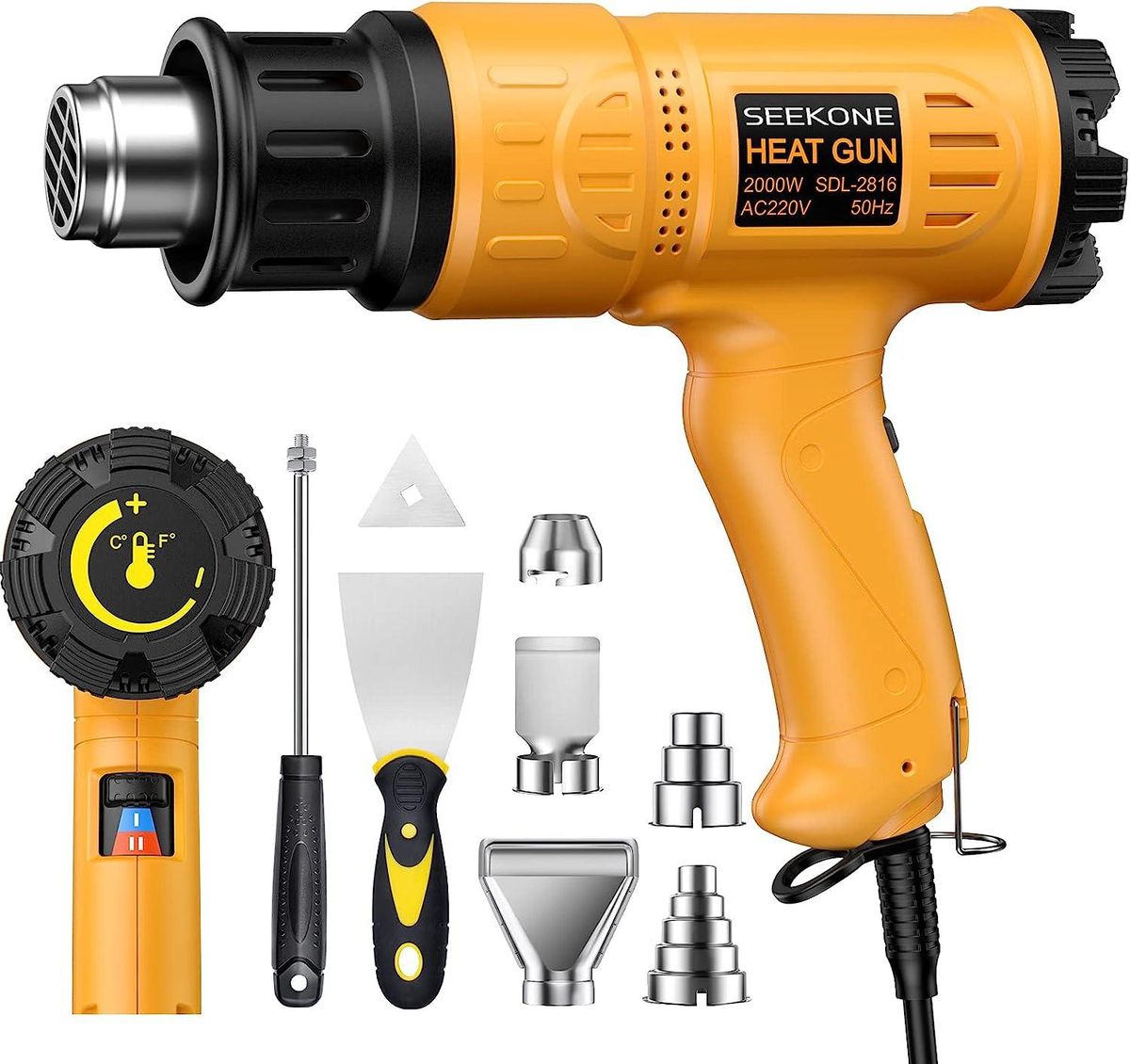 Heat Gun, SEEKONE 2000W Professional Hot Air Gun 49℃- 600℃ Variable Temperature Control with 2-Temp Settings, Overload Protection, Double Heating Wire Fast Heating, 7 Accessories for Shrinking PVC