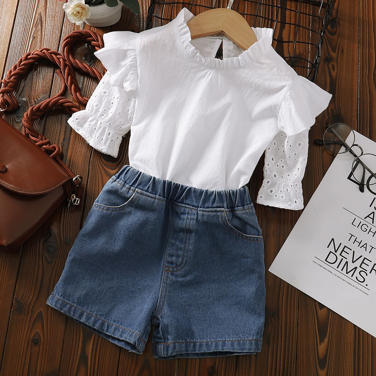 2-6Y Kid Girls Eyelet Half Sleeves Blouse Denim Shorts