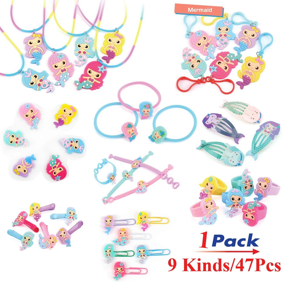 Freeship 1pk 47pcs Mermaid Themed Hair clip Bookmark necklace ring keychain pack gifts for girls Party toys prizes bag fillers