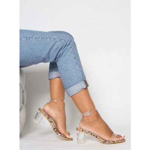 Koko Snake Skin Clear Low Block Heels- Nude