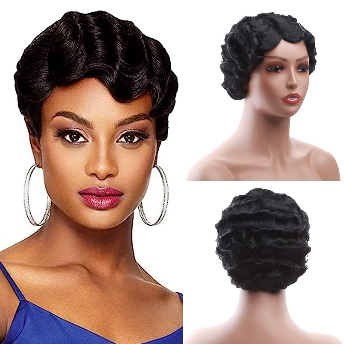 Beauty Black Short Hair for Women Finger Wave Curly Hair Synthetic Hair Replacement Hair Halloween Cosplay