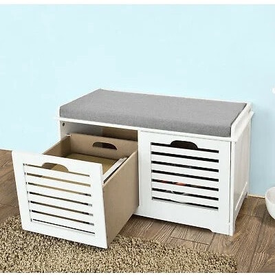Sobuy Storage Bench 2 Drawers  Removable Seat Cushion - White