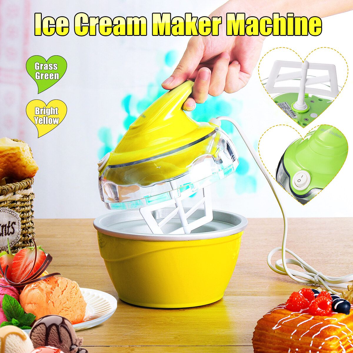 360ml Automatic Ice Maker Freezer Bowl Dessert Frozen Yogurt Machine Green