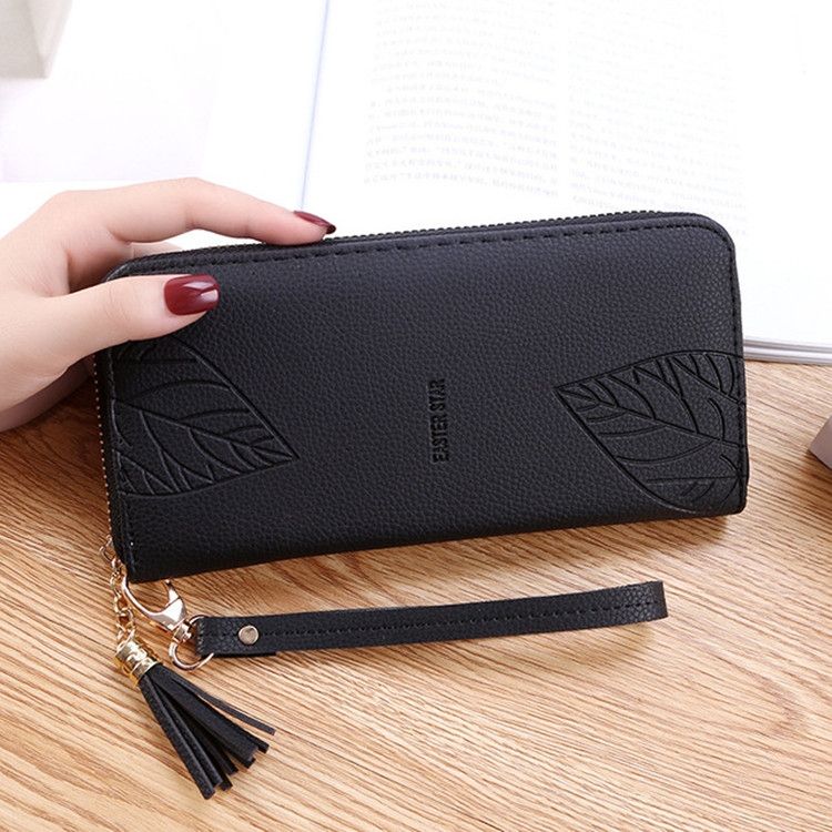 Ladies Long Wrist Bag Multifunction Zipper Large Capacity Clutch Bag Wallet(Black)