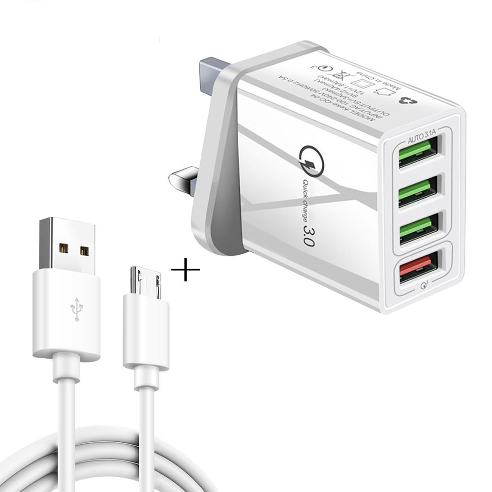 2 In 1 1m USB To Micro USB Data Cable + 30W QC 3.0 4 USB Interfaces Universal Quick Charger Travel Charger Set, UK Plug(White)