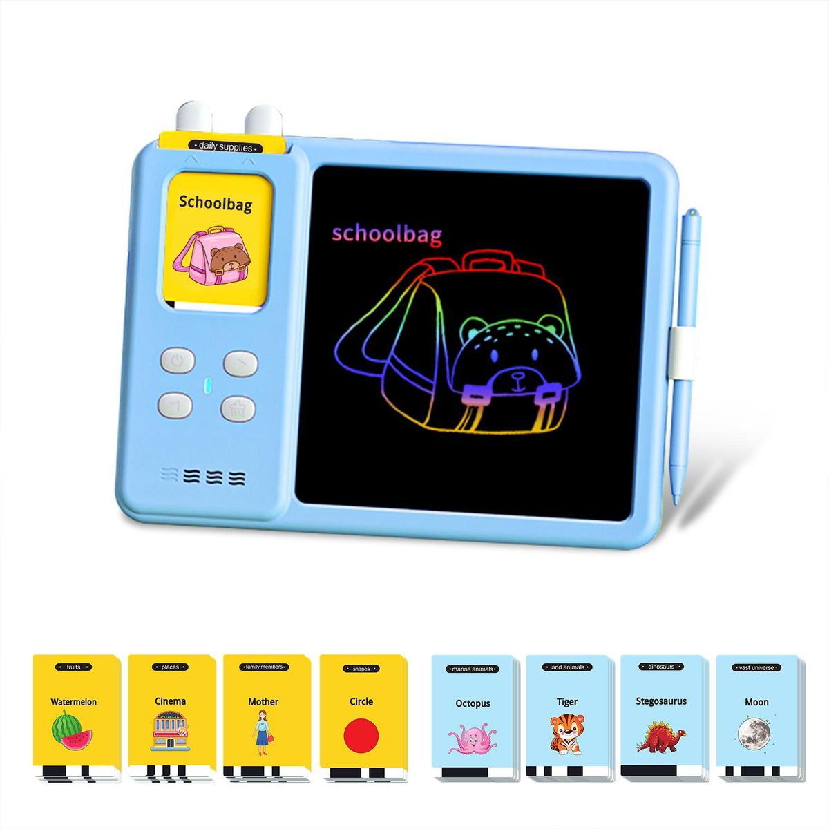 Talking Flash Cards Writing Tablet 2 in 1 Educational Child LCD Drawing Board Autism Sensory Speech Therapy Toddler Talking Flash Cards Drawing Tablet for Kids with 224 Sight Words Blue