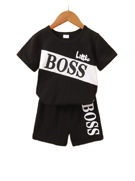 2PCS Clothes Set Kid Boy Letter Boss T-shirt+ Black Shorts