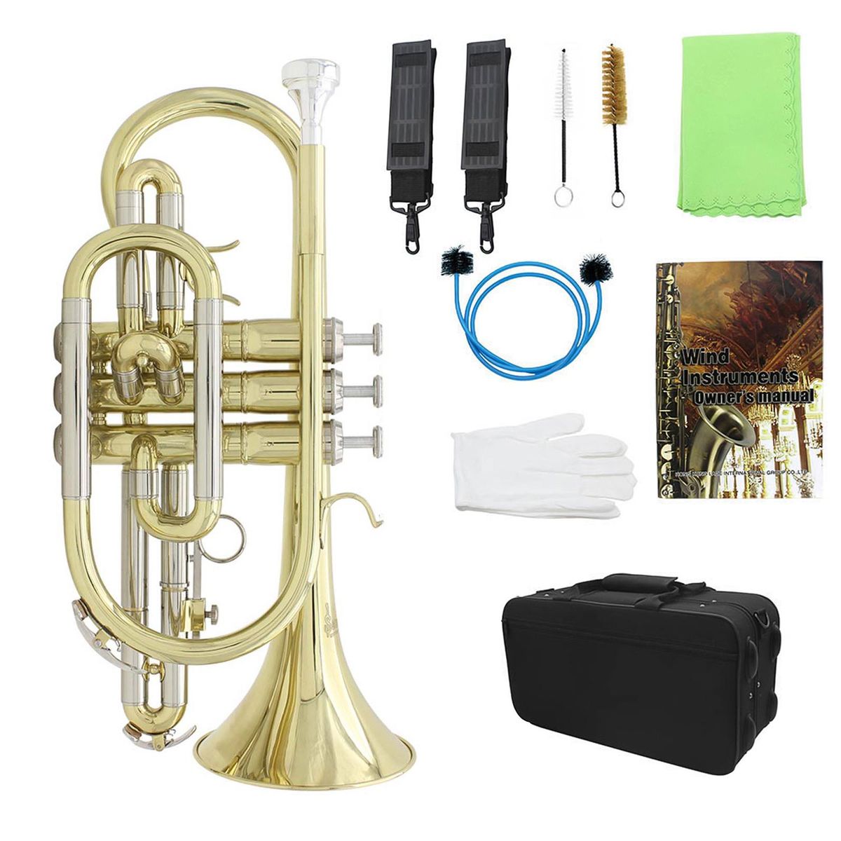 SLADE Professional Bb Flat Cornet Brass Instrument with Carrying Case Gloves Cleaning Cloth Brushes