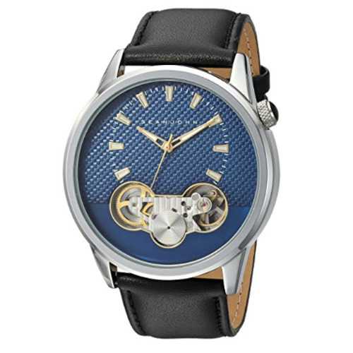 Faux Automatic Metal And Leather Dress Watch.