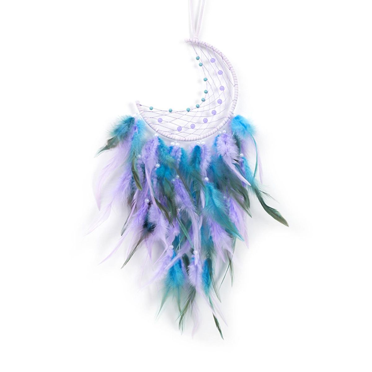 Boho Moon Dreamcatcher Handcrafted Feather Wall Decor for Home Office Blue Purple