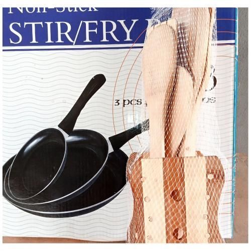 Three Non-Stick Fry Pans With Wooden Spoon Set Of Spoons