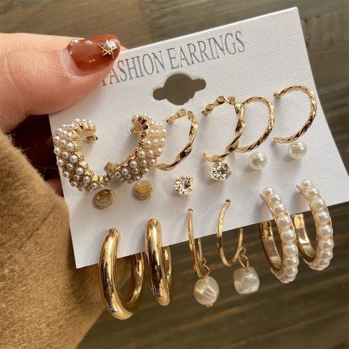 Set Of 9 Hoops,Studs & Pearl Earring Set