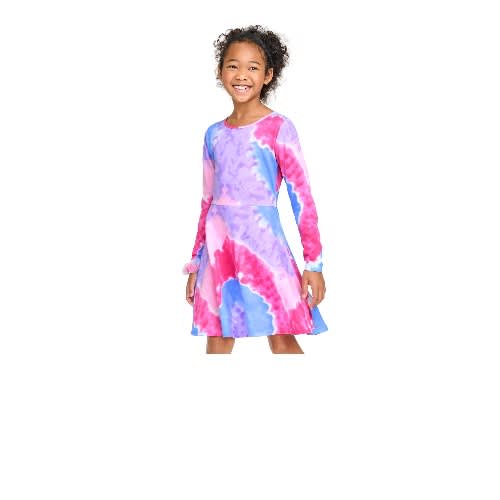 Girls Colour Splash Tie And Dye Rainbow Knit Skaters Dress- Pink