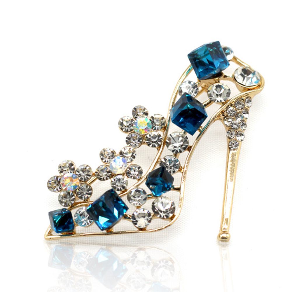 Vintage Women Rhinestone Inlaid High Heels Brooch Pin-Blue