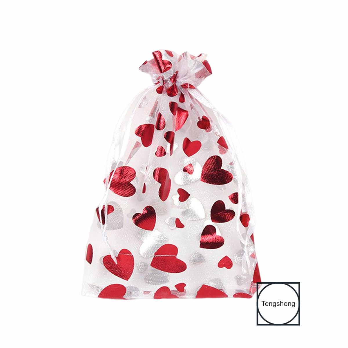 Organza Drawstring Gift Bag Heart Printed Valentines Day