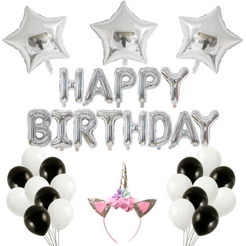 16 Inch Happy Birthday Letter Foil Balloons + Latex Balloons + Balloon Glue With Fashion Head Gear