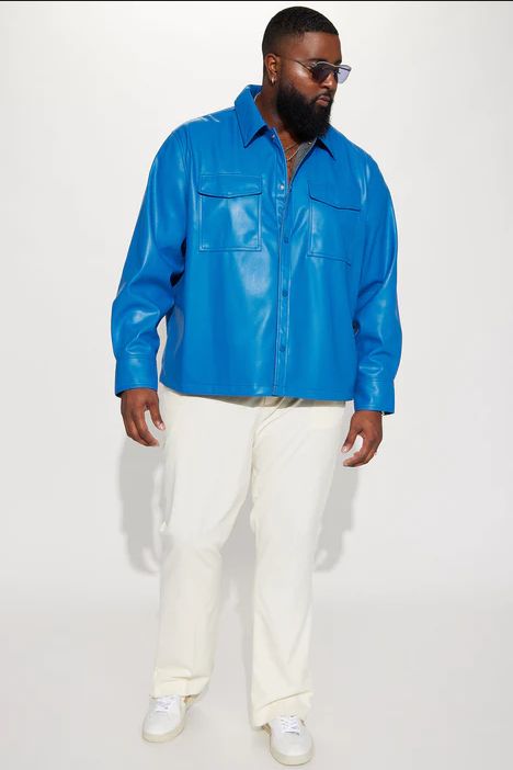 Luxury Night Out Faux Leather Shacket Jacket And Pant - Blue