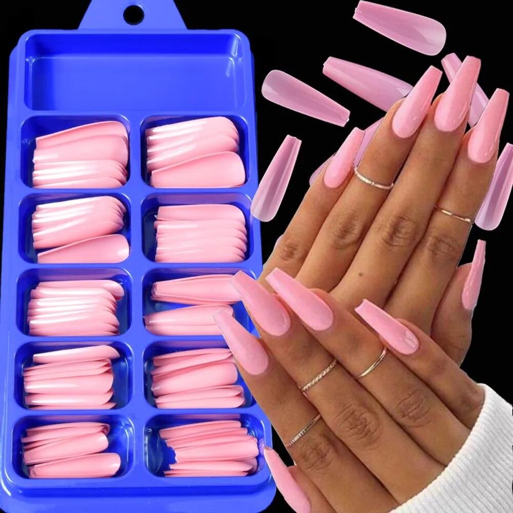 100 Pieces of Blister Box with Solid Color Pointed False Nail Stickers Long Ballerina Candy Color Red Blue Pink Fake Nails Set