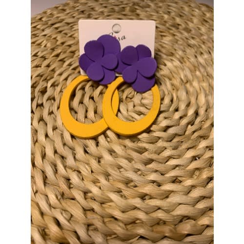 Flower Shaped Clay Drop Earrings - Purple And Yellow