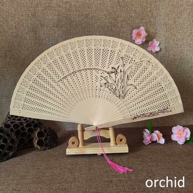 Printing Decoration Style Lady Chinese Carving Hand-made Wood Wood Fan Incense Craft Hollow 1Pcs Antique Vintage Folding Fans