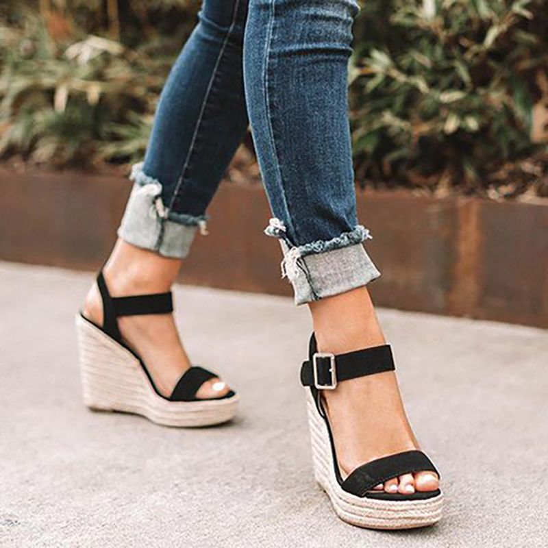 Women Sandals Ankle Strap Straw Wedges High Heel Shoes