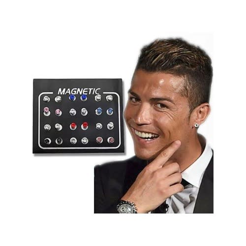 Magnetic Round Crystal Rhinestone Unisex Stud Earrings- 12 Pairs/set - Multicolor