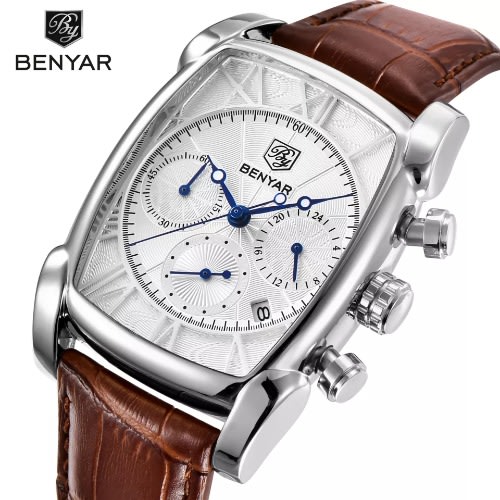 Benyar Leather Waterproof Chronograph Wristwatch - Brown