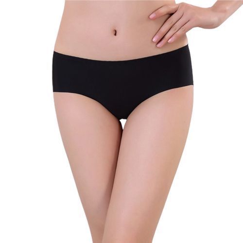 Women Ultra-thin Breathable Seamless Mid Waist Ice-silk Briefs Panty-Black