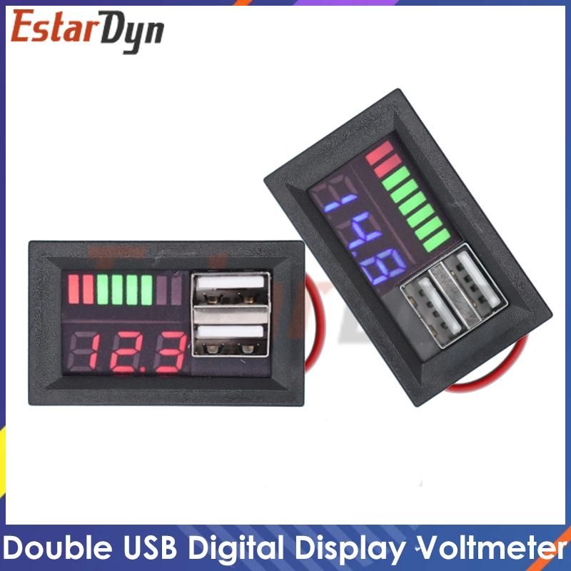 Double USB Digital Display Voltmeter Battery Tester Panel For DC 12V Cars Motorcycles Vehicles USB 5V 2.1A Output