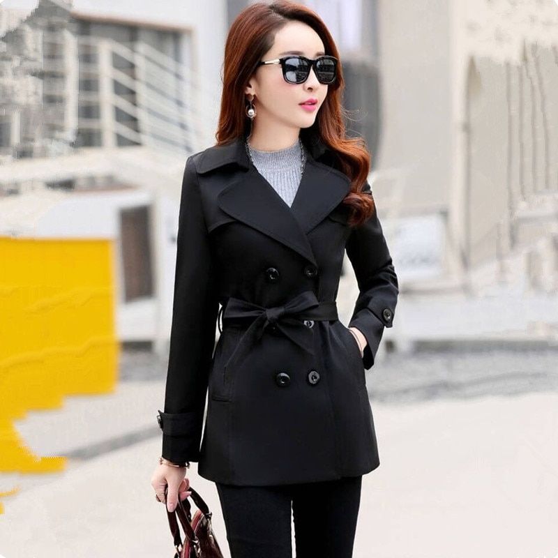 New Double-Breasted Spring Autumn Jacket Women's Fashion Belt Slim Thin Short Outerwear Elegant Female Plus Size Coat 140