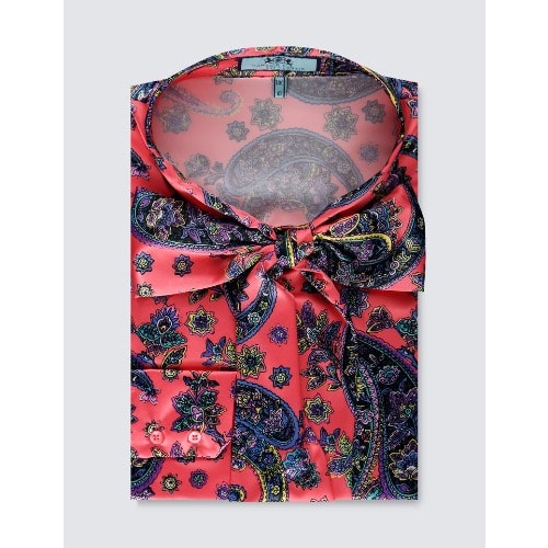 Women's Coral & Lilac Paisley Design Fitted Satin Blouse - Beauty Bow
