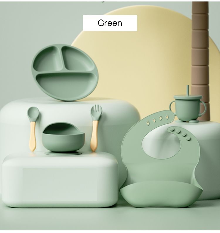 Green -  Baby Puzzy Soft Silicone Supplementary Food Squeezing Tool Tableware Set Bowl Spoon One Easy Feeding Supplementary Food Big Sucker Learning Food Bowl