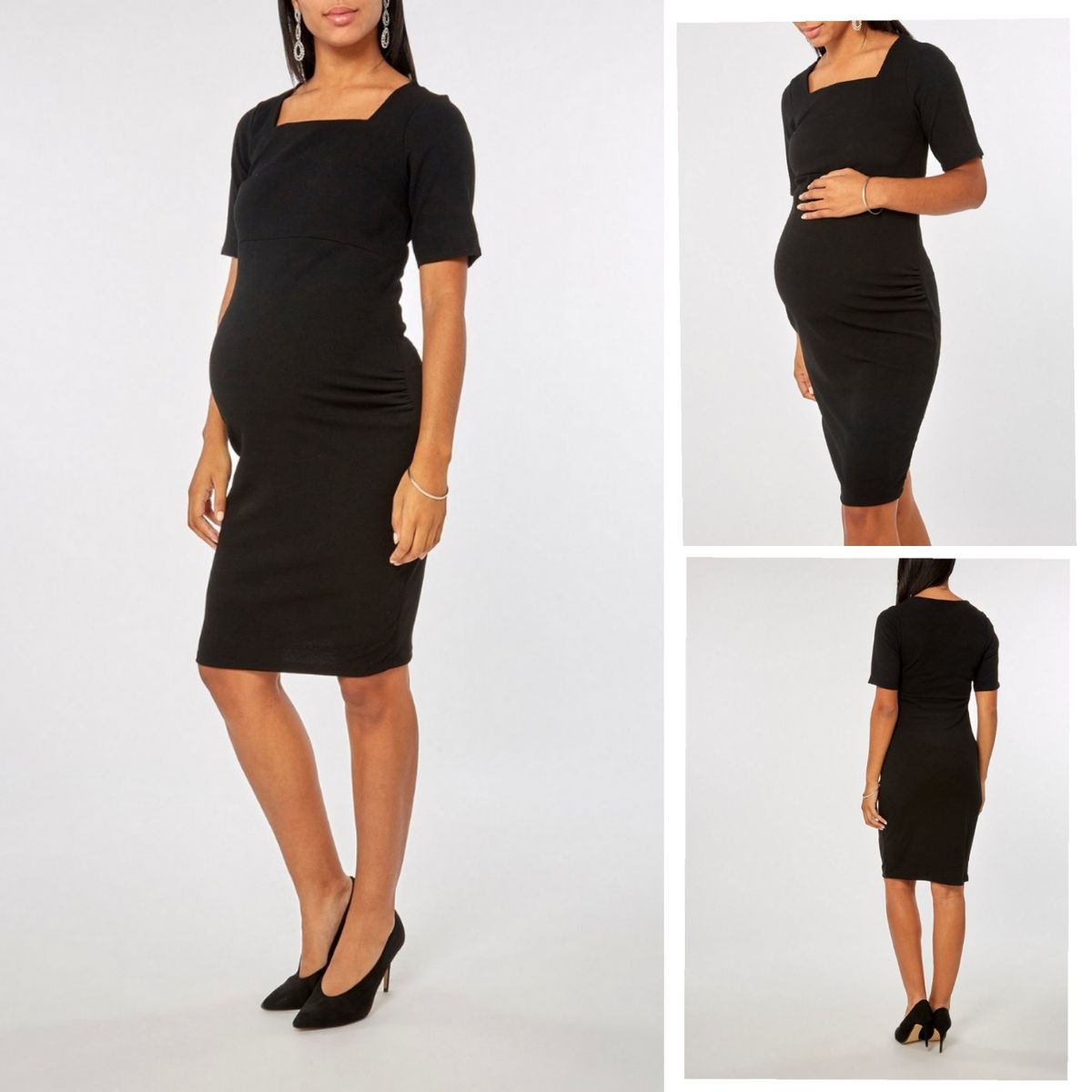Square Neckline Short Sleeves Black Maternity Dress