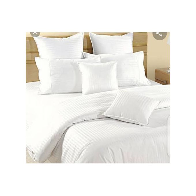 Plain Stripped White Duvet, Bedsheet With 4 Pillows