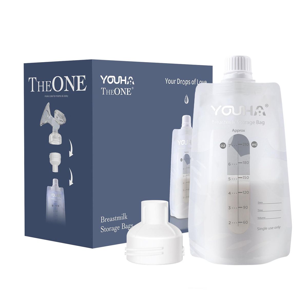 YOUHA 40 PCS Breast Milk Storage Bags 7oz/ 210ml with Connector for Breast Pump & Milk Bottle BPA-free Milk Storing & Freezing & Heating Bag Container for Baby Infants Newborn