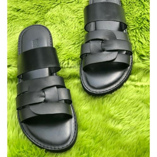 Black Leather Male Slippers