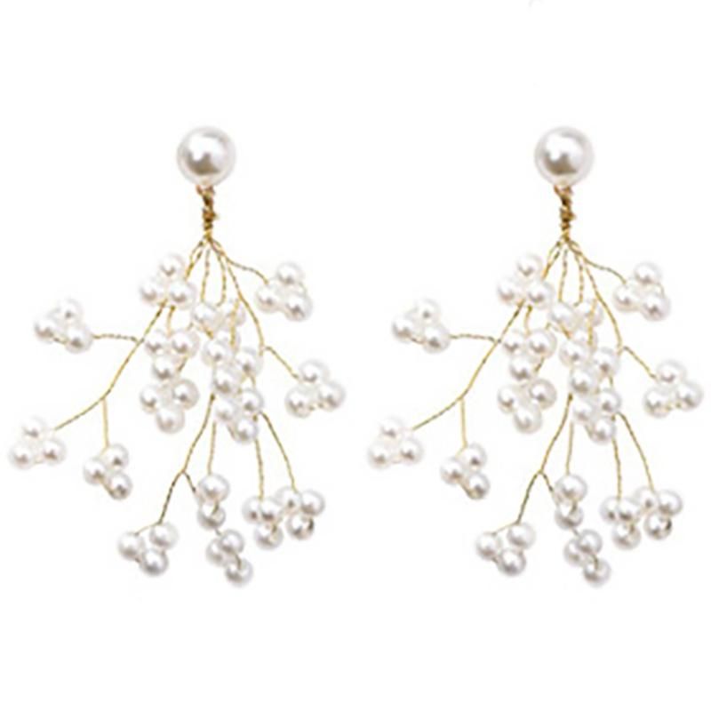 Minimalist Golden Long Branch Pearl Pendant Earrings Ladies