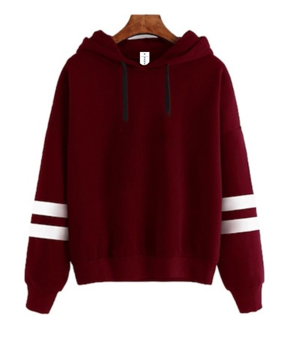 White On Sleeve Contrast Sweatshirt Hoodie- Wine (Burgundy)