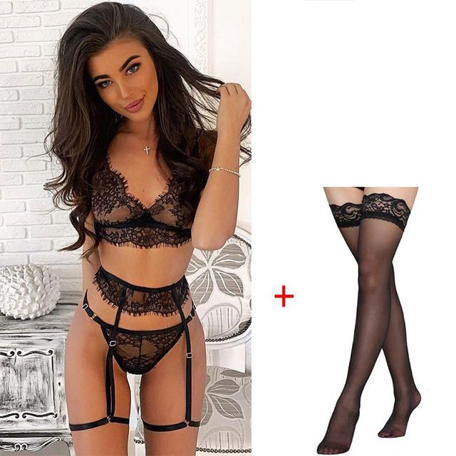Sexy Lace Lingerie Set Women's Underwear Transparent Bra Party Sets Lace Black Lingerie Bra Set Underwear Set(#black With Socks)