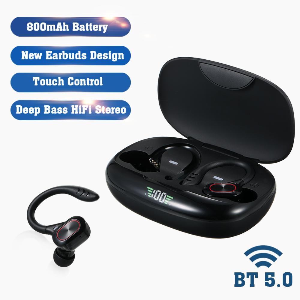 True Wireless Stereo BT 5.0 Earphones Chargeable Stereo Sound Earbuds Waterproof Touch-control Headset Compatible with Android/iOS/PC Tablet Black