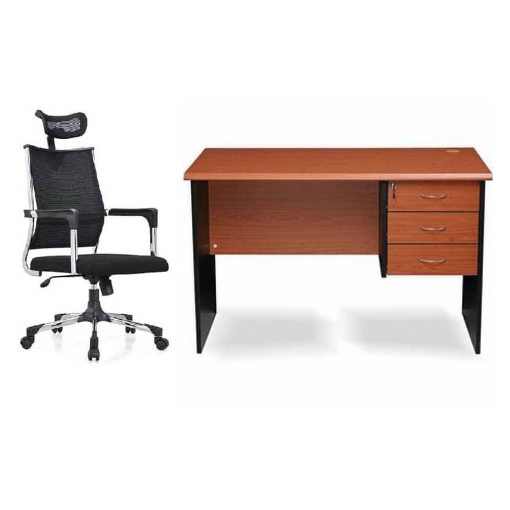 A Set Of Office Table With Office Chair Headrest