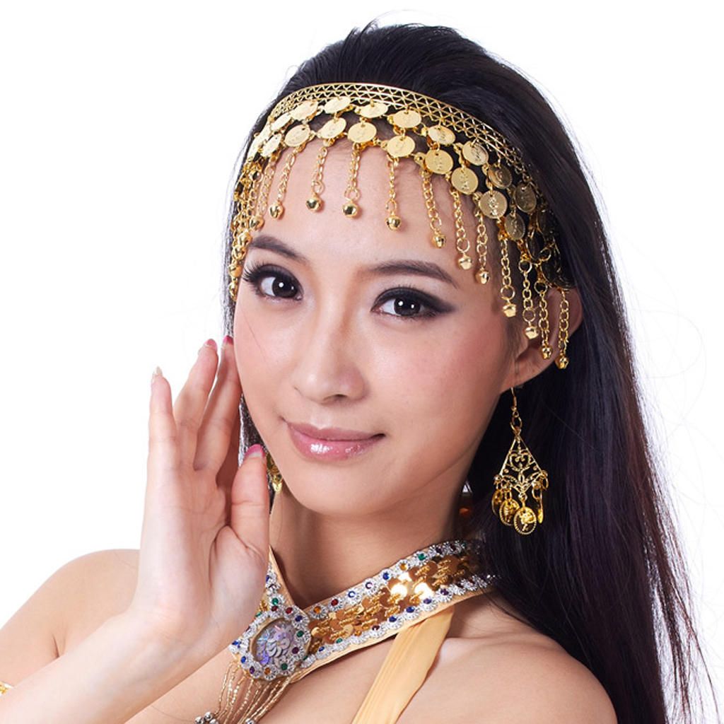 Women Belly Dance Dancing Coins Tassels Gypsy Headband Head Band Gold