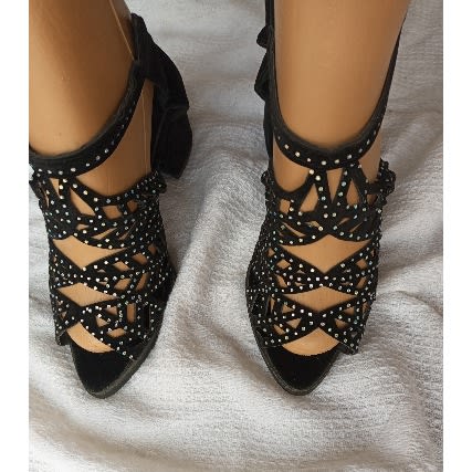Suede Heeled Sandals With Rhinestone - Black