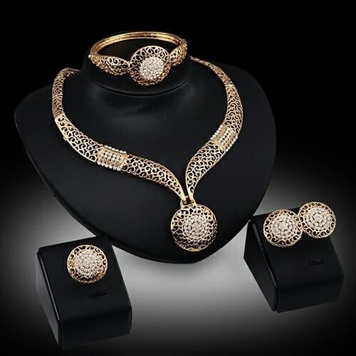 Wedding Party Hollow Rhinestone Necklace Bracelet Ring Earrings Set