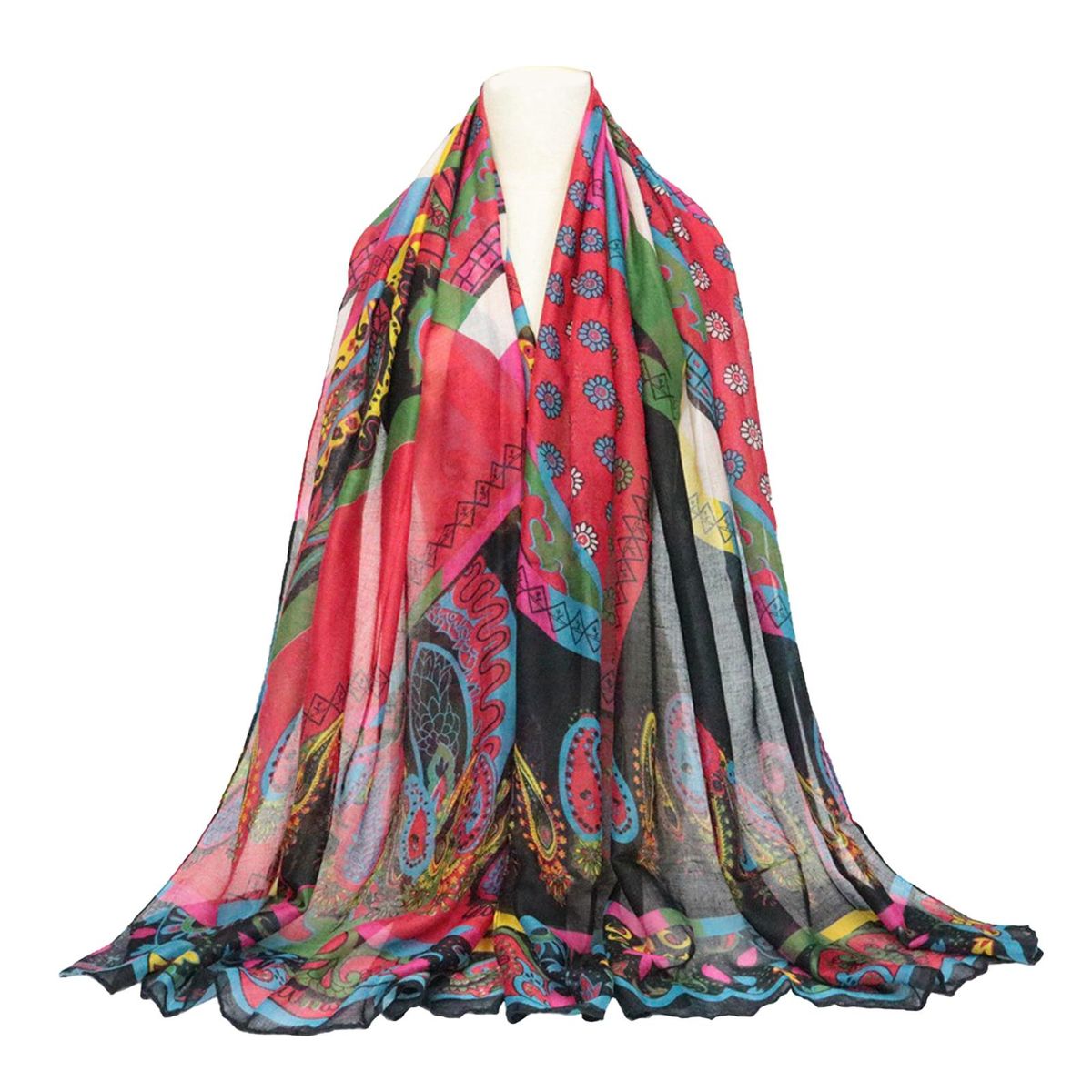 Voile Scarf Women Ethnic Style Wrap Printed-Black Red
