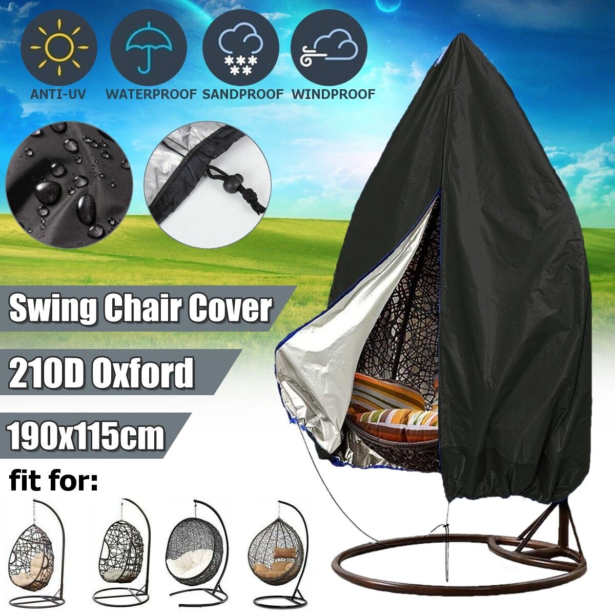 210D Patio Hanging Egg Swing Chair Cover Windproof Protector Outdoor Indoor